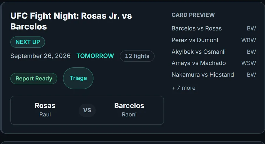 A card on the FightEdge events page: event name, date, fight count, the main event and the first five fights, with a report-ready tag.